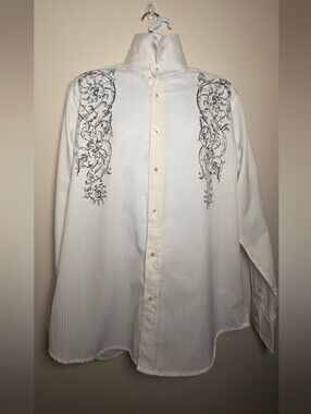 Structure White Dress Shirt with Black Scroll Embroidery